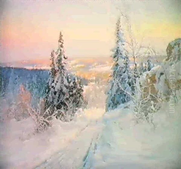 Sladspar Vid Snotyngda Granar-norrlandskt Vinterlandskap Oil Painting by Carl Brandt