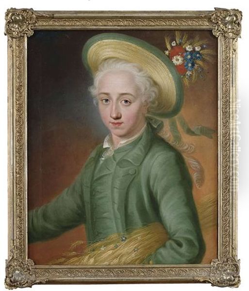 Portrait Des Abraham Michel (1760-1816) Als Halbfigur. Er Tragt Einen Grunen Justaucorps Und Hat Ein Ahrenbundel Unter Dem Arm, Sein Sommerhut Ist Mit Ahren Und Feldblumen Geschmuckt Oil Painting by Heinrich Carl Brandt