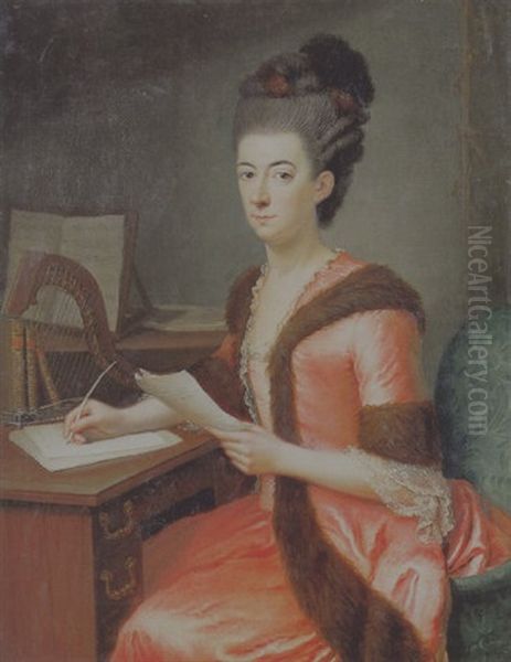 Portraet Af Siddende Brevskrivende Dame I Rod Kjole Med Nodestativ Og Harpe (hertuginde Af Holstein-gottorp?) Oil Painting by Johann Heinrich Brandt