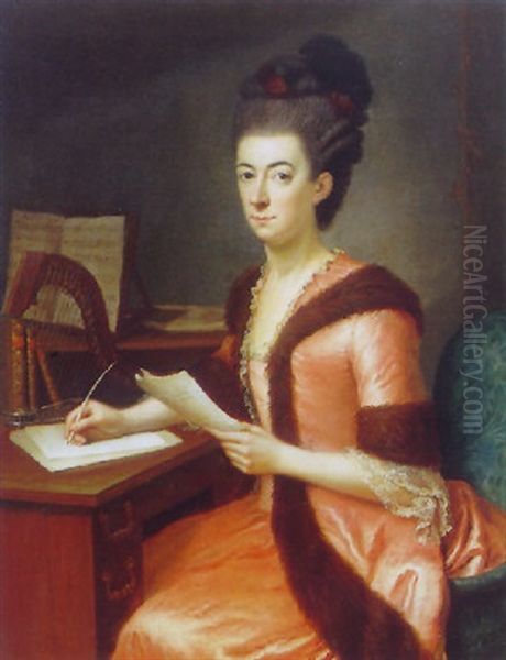 Portraet Af Brevskrivende Dame Siddende Ved Skrivebord, Ifort Rod Pelsbraemmet Kjole, Hoj Opsat Frisure, I Baggrunden Harpe Og Noder Oil Painting by Johann Heinrich Brandt