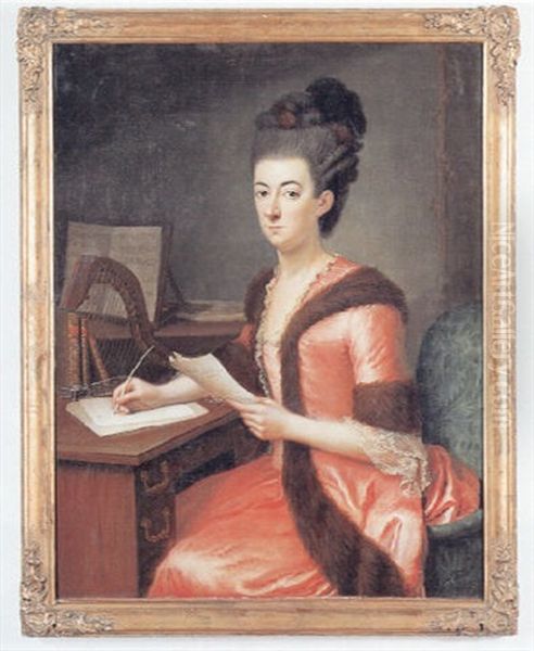 Portraet Af Siddende Brevskrivende Dame I Rod Kjole, I Baggrunden Nodestativ Og Harpe. Antagelig En Hertuginde Af Holstein-gottorp Oil Painting by Johann Heinrich Brandt