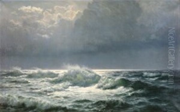 Waves Breaking On The Shore Oil Painting by Johannes Herman Brandt