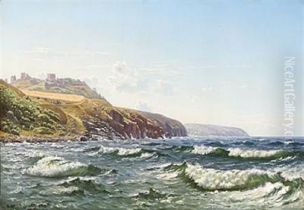 Coastal Scene From Bornholm With Hammershus In The Background Oil Painting by Johannes Herman Brandt