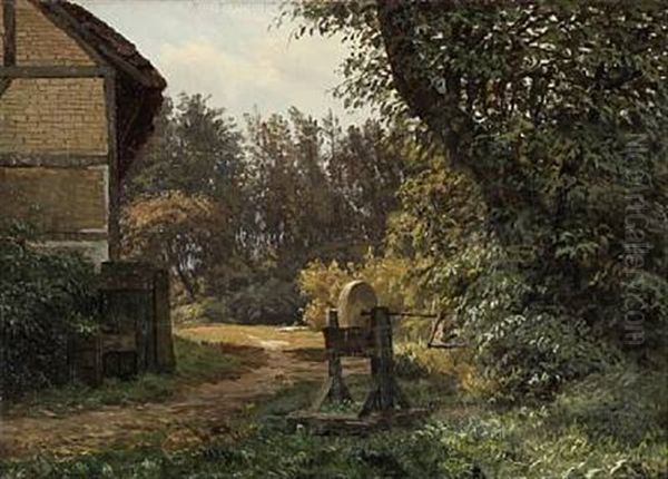 Farm Scene With A Grindstone Oil Painting by Johannes Herman Brandt