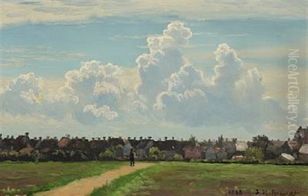 A Strolling Person Near A Larger Village Oil Painting by Johannes Herman Brandt