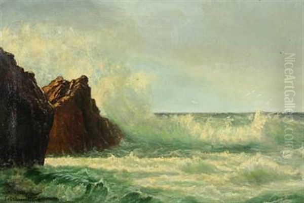 Breaking Waves By Large Rocks Oil Painting by Johannes Herman Brandt