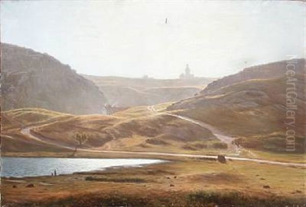 Diset Eftermiddag Ved Hammeren Paa Bornholm (hilly Autumn Landscape From Bornholm) Oil Painting by Johannes Herman Brandt