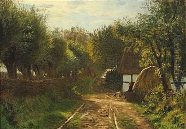 Farm Exterior With Young Girl Sitting In The Sun Watching The Hens Oil Painting by Johannes Herman Brandt