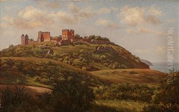 Bornholm Island Landscape With Hammershus Castle Ruins In The Background, Denmark Oil Painting by Johannes Herman Brandt