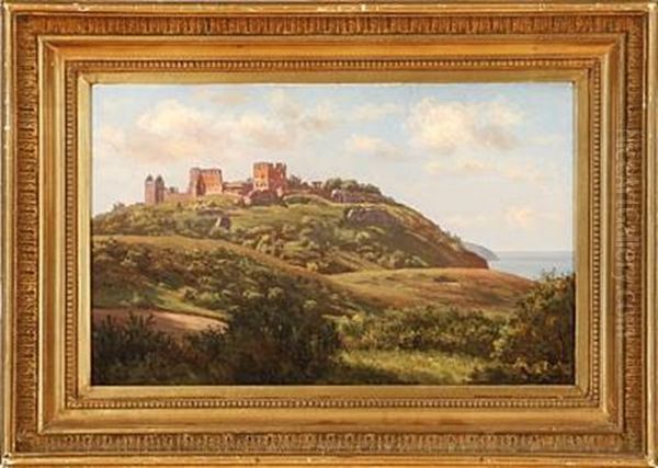 Landscape From Bornholm Island With Hammershus Castle Ruins In The Background, Denmark Oil Painting by Johannes Herman Brandt