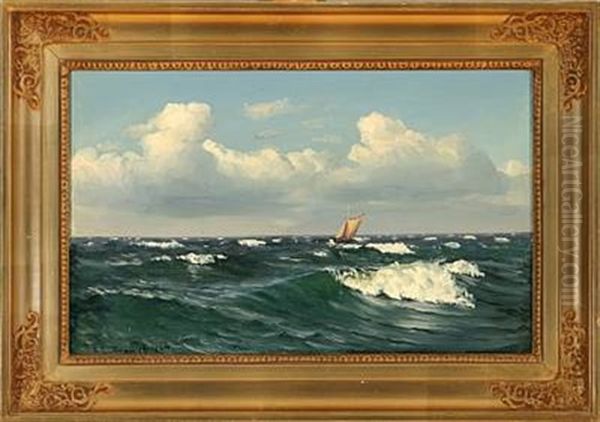 Marine With A Small Sailing Ship On Open Sea Oil Painting by Johannes Herman Brandt