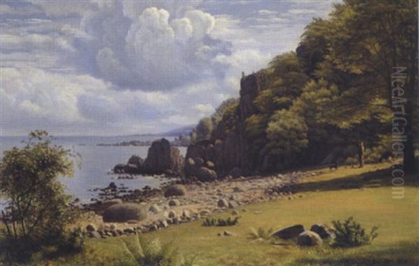 Parti Fra Bornholm Med Dreng Og Hund Ved Kysten En Sommerdag Oil Painting by Johannes Herman Brandt