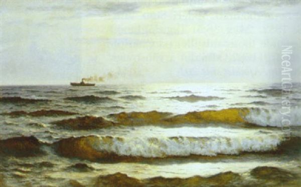 Solglans Paa Havet, Sildig Eftermiddag Med Diset Luft Oil Painting by Johannes Herman Brandt