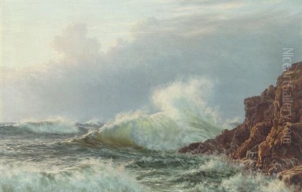 Braending Ved Klippekyst, Bornholm Oil Painting by Johannes Herman Brandt