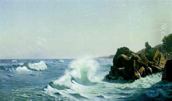 Waves Breaking On A Rocky Coast Oil Painting by Johannes Herman Brandt