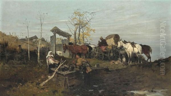 Conversation At The Well Oil Painting by Jozef Brandt