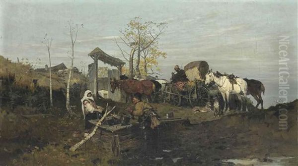 Conversation At The Well Oil Painting by Jozef Brandt