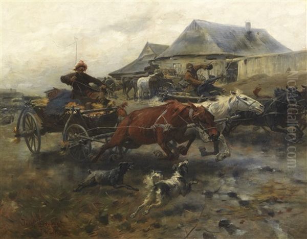 Dahinjagende Fuhrwerke Oil Painting by Jozef Brandt