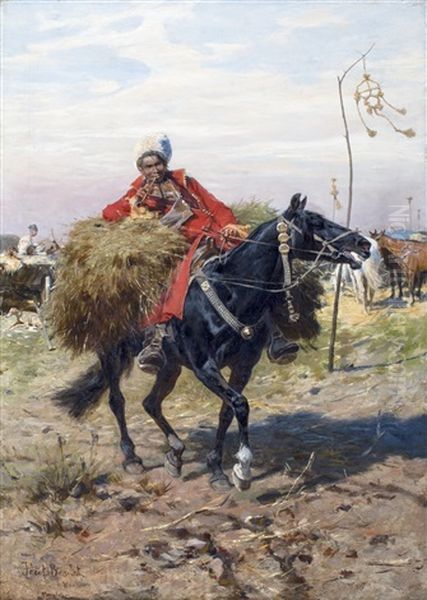 Kozak Te Paard Oil Painting by Jozef Brandt