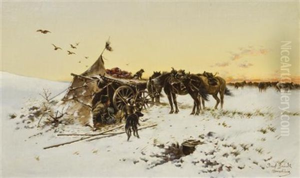 Winter Campsite Oil Painting by Jozef Brandt