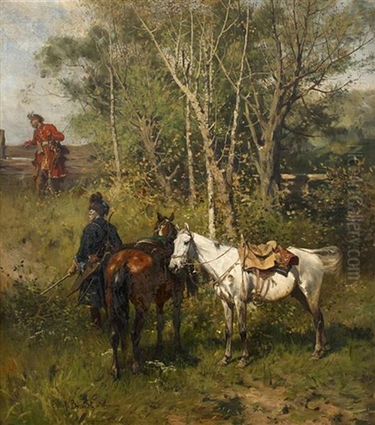 On The Lookout Oil Painting by Jozef Brandt