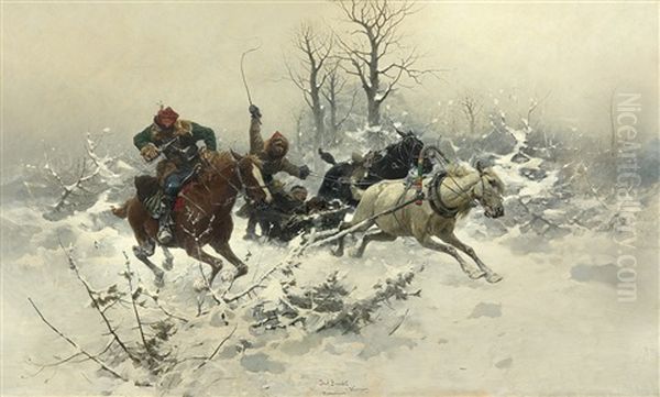 Escape In Winter Oil Painting by Jozef Brandt