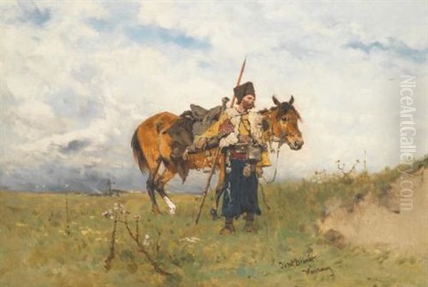 Cossack Watchman Oil Painting by Jozef Brandt