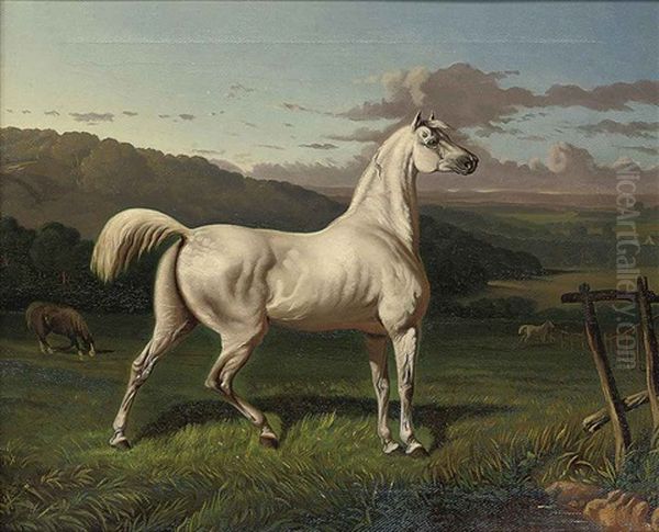 A Grey Horse On Full Alert Oil Painting by Jozef Brandt