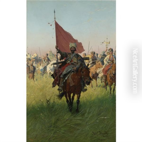 Song Of The Cossack Victors Oil Painting by Jozef Brandt