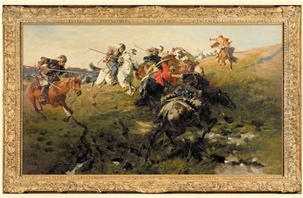 Cossacks Versus Tartars Skirmish Oil Painting by Jozef Brandt