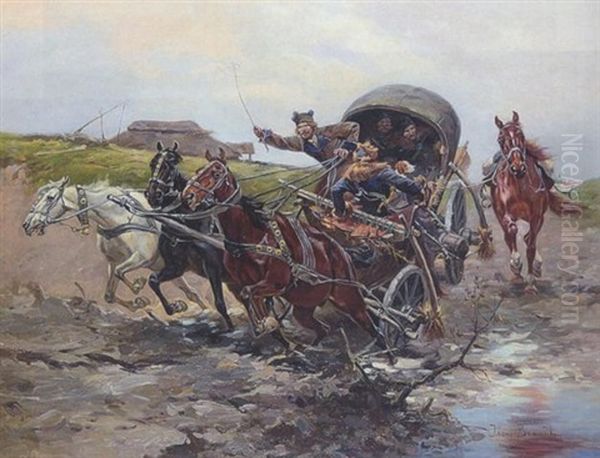 Dreigespann In Wilder Fahrt Oil Painting by Jozef Brandt