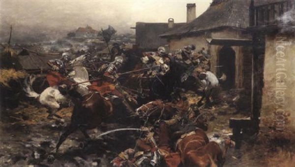 A Cavalry Skirmish On The Outskirts Of A Town Oil Painting by Jozef Brandt