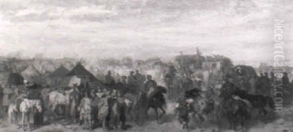 Pferdemarkt In Weiter Landschaft Oil Painting by Jozef Brandt