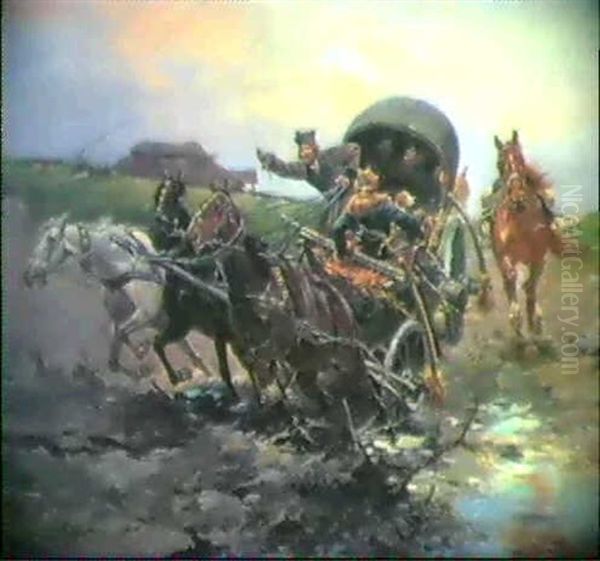 Troika-fahrt In Der Puszta Oil Painting by Jozef Brandt