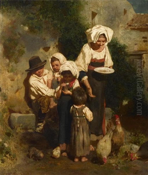 Feeding The Chickens Oil Painting by Otto Brandt