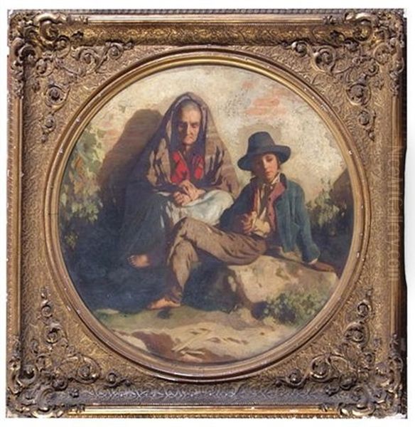 Portrait Of A Young Boy Seated On A Rock Eating Bread And An Old Lady Seated, Wearing A Shawl And Holding Worry Beads Oil Painting by Otto Brandt