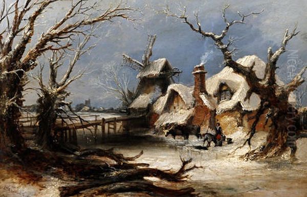 Winter Landscape With Figures Before A Cottage And Windmill In Snow Oil Painting by Charles Branwhite