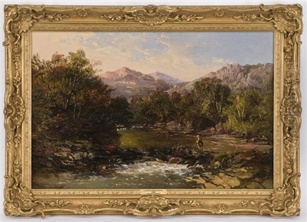 Angler By A River In An Alpine Landscape Oil Painting by Charles Branwhite