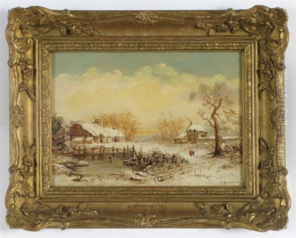 Winter Landscape With Frozen Pond, Two Figures Walking Oil Painting by Charles Branwhite