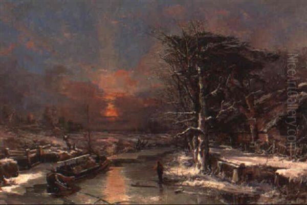 A Winter Sunset Oil Painting by Charles Branwhite