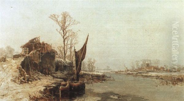 A Frozen River Landscape Oil Painting by Charles Branwhite