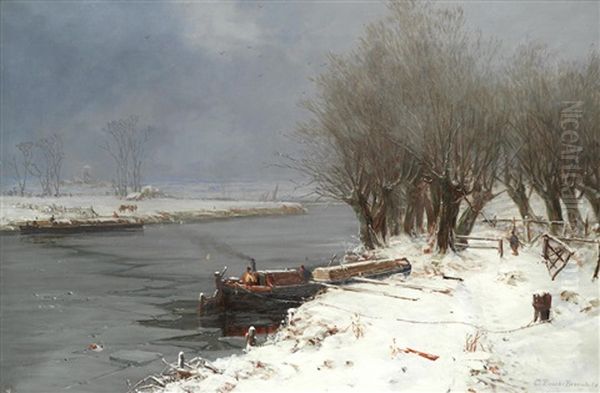 Barges On A Frozen River Oil Painting by Charles Brooke Branwhite