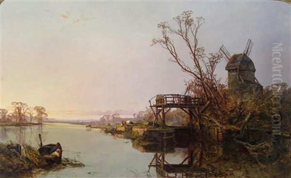 River Landscape With Boys Fishing From A Boat Oil Painting by Charles Brooke Branwhite