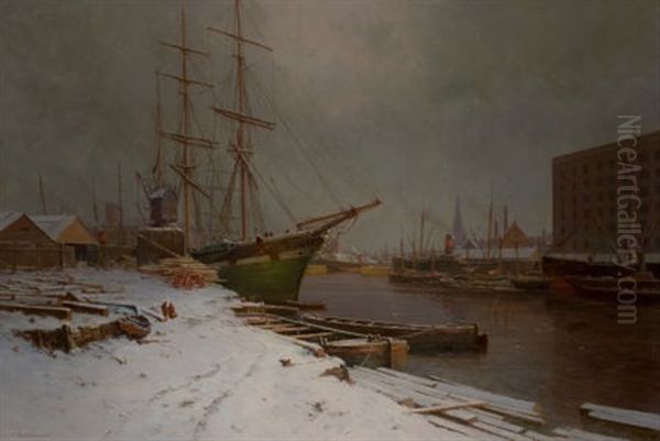 London Harbor In The Snow Oil Painting by Charles Brooke Branwhite