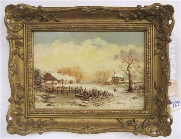 Winter Landscape With Figures, Pond, Home And Buildings Oil Painting by Charles Brooke Branwhite