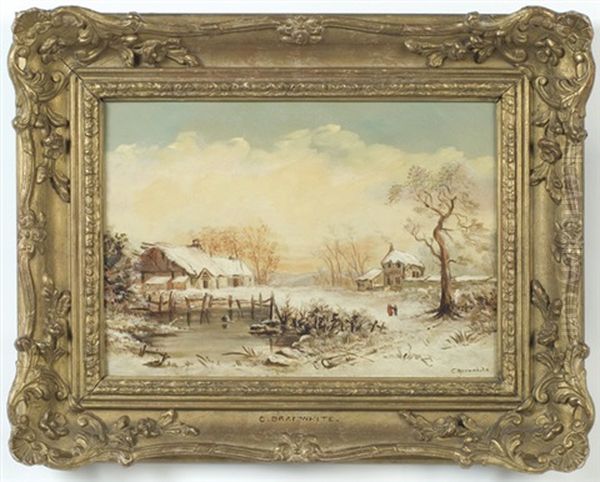 Winter Landscape With Figures, Pond, Home And Buildings Oil Painting by Charles Brooke Branwhite