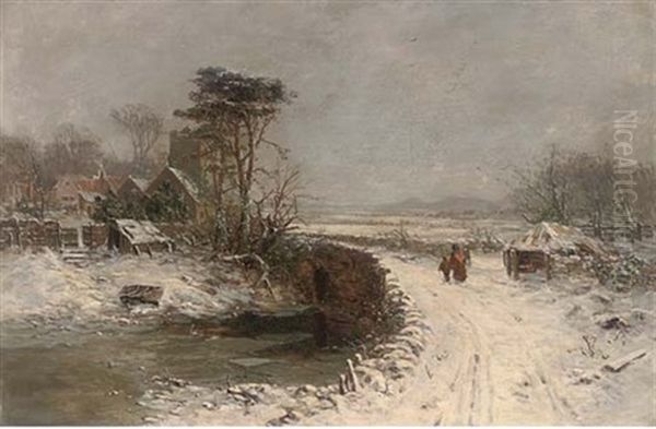 A Mother And Child Crossing A Bridge In The Snow, A Village Beyond Oil Painting by Charles Brooke Branwhite