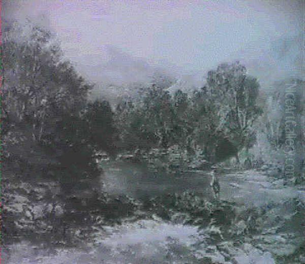 A Highland River Scene With An Angler On The Bank Oil Painting by Charles Brooke Branwhite