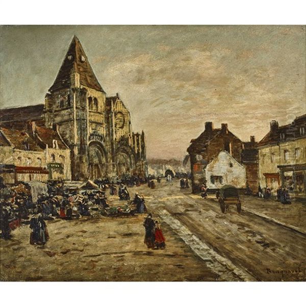 Franzosische Stadt Mit Markt Vor Romanischer Kirche Oil Painting by Louis Braquaval