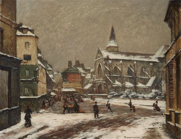 Place De L'eglise Enneigee (saint Leu A Amiens) Oil Painting by Louis Braquaval